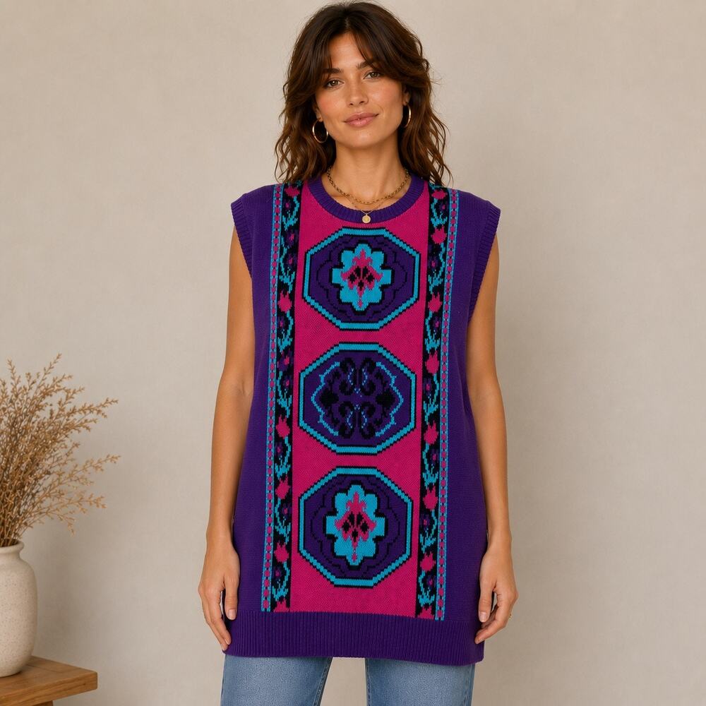 Vintage Claude Sweater Vest Medium Purple Pink Geometric Knit 80s USA -